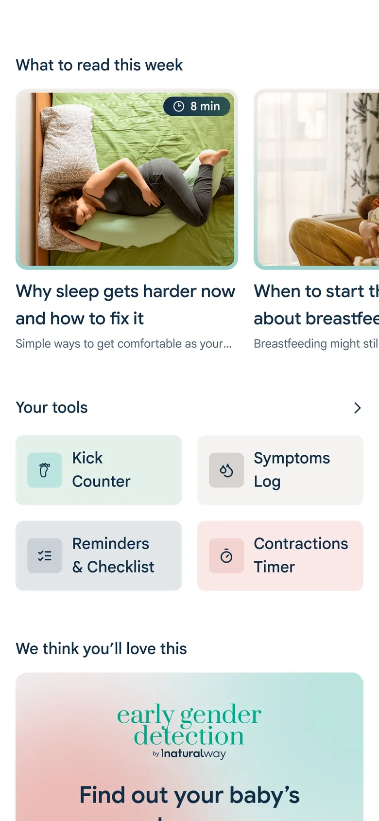 The 1NW app home screen: this week's reading, and the tools grid &mdash; kick counter, symptoms log, reminders, contraction timer.