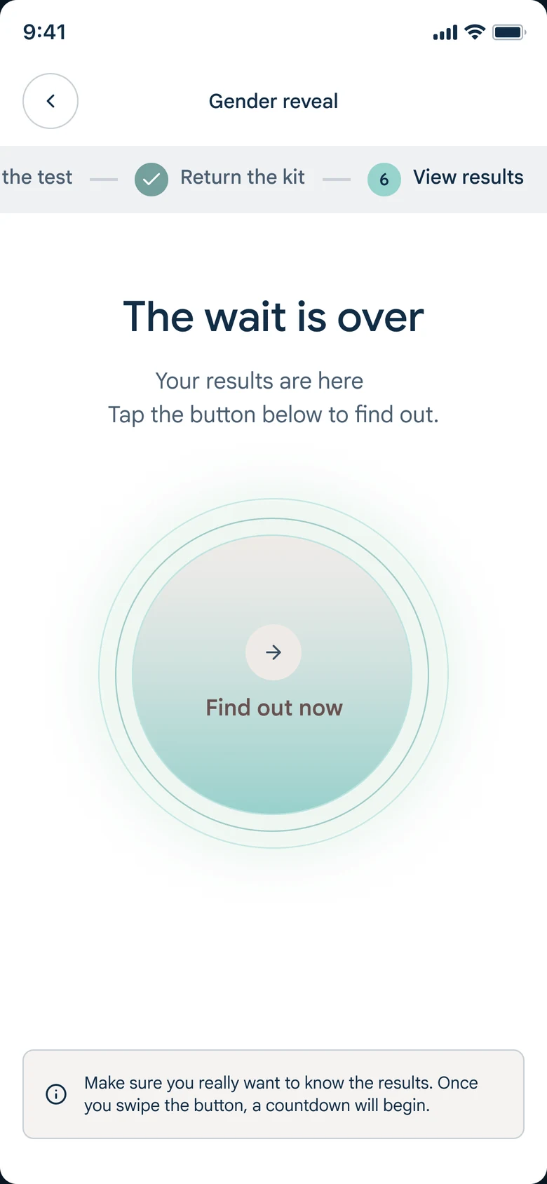 An Early Gender Test result waiting to be opened — “The wait is over, your results are here” with a Find out now button.