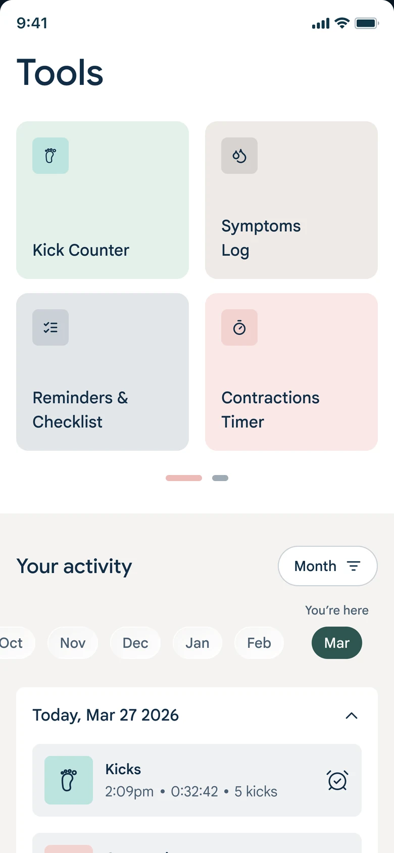 The Tools tab: kick counter, symptoms log, reminders and checklist, and contraction timer, above an activity history scrubbed by month.